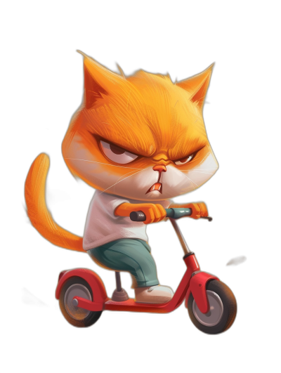 grumpy orange cat riding scooter, chibi style character design, black background, in the style of cartoon, game art