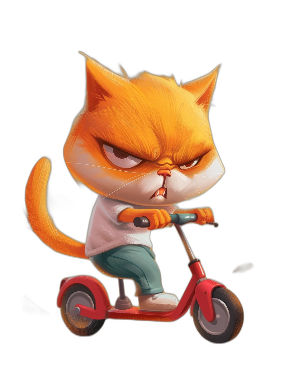 grumpy orange cat riding scooter, chibi style character design, black background, in the style of cartoon, game art