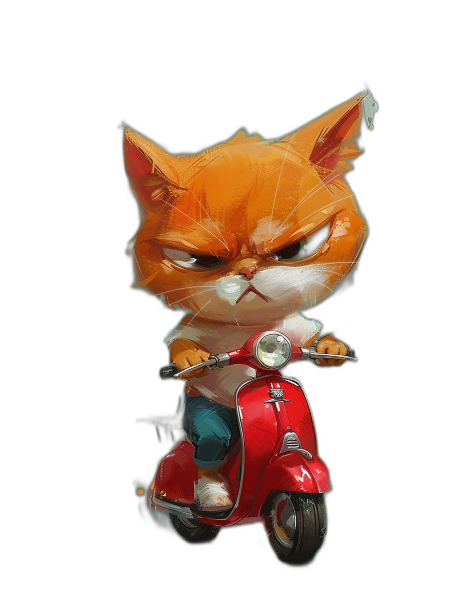 A cute orange cat character riding a red scooter with an angry facial expression on a black background, in the style of Pixar and [Atey Ghailan](https://goo.gl/search?artist%20Atey%20Ghailan).