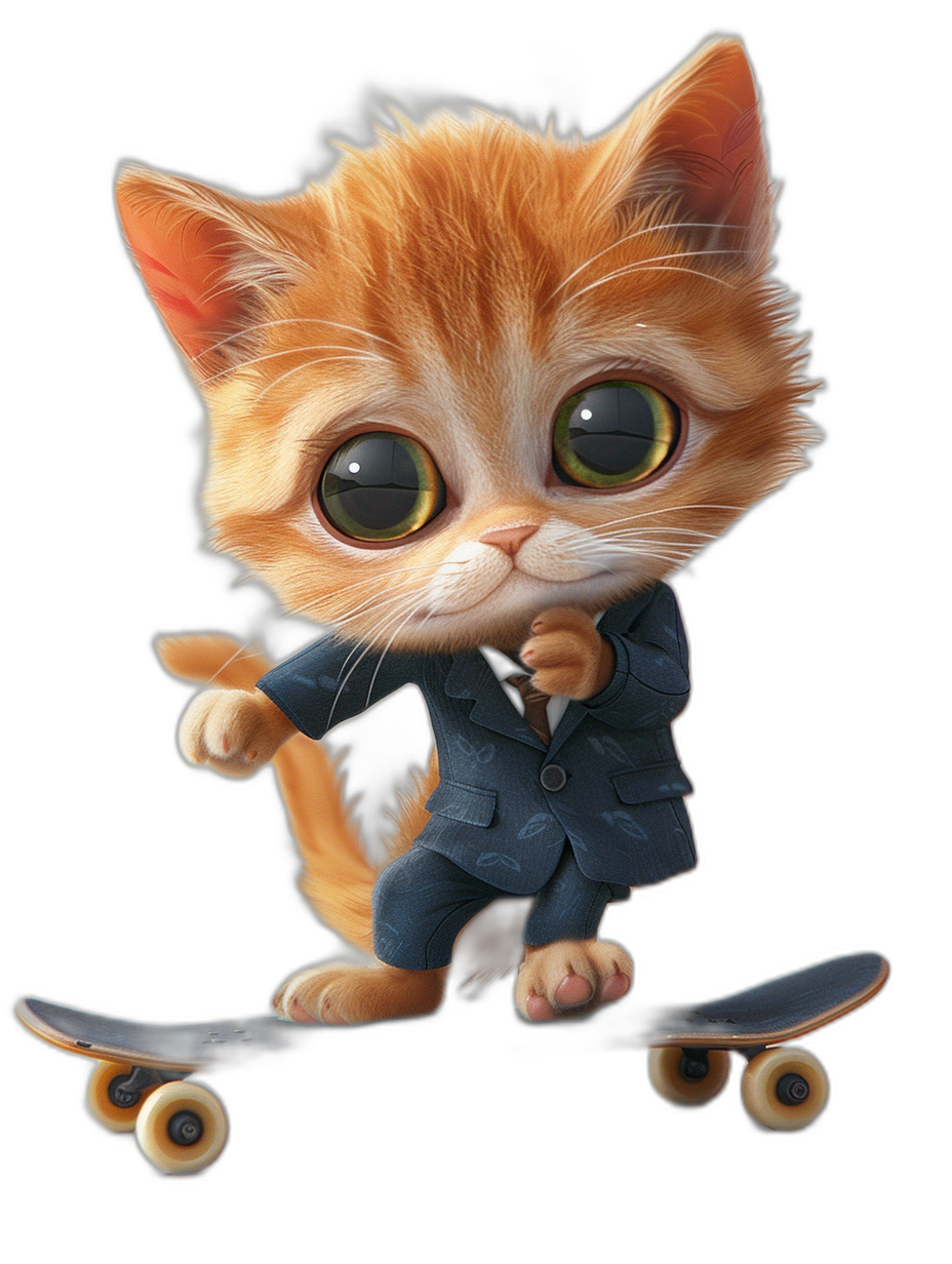 3D epic render of a cute ginger cat in a suit on a skateboard with big eyes on an isolated black background in the style of a high resolution photo realistic style