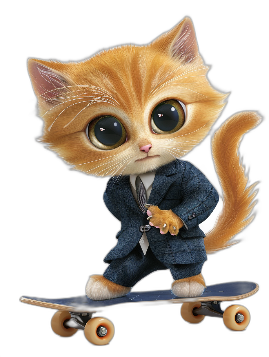 a cute ginger cat in suit, big eyes, cartoon style, riding on skateboard, black background, 2D illustration, digital art, high resolution