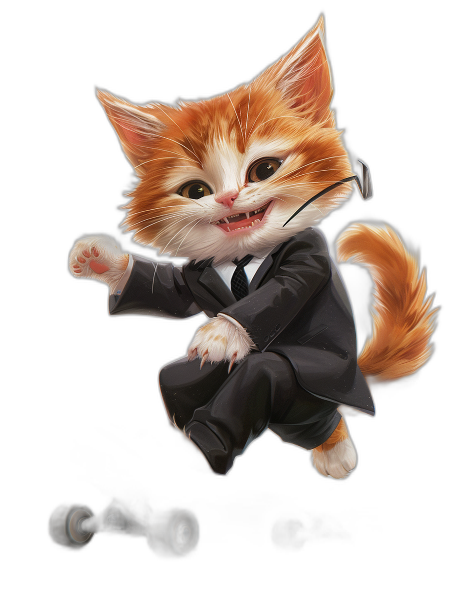 digital art of cute kitten , wear businessman suit, dancing on roller skating black background , happy and funny