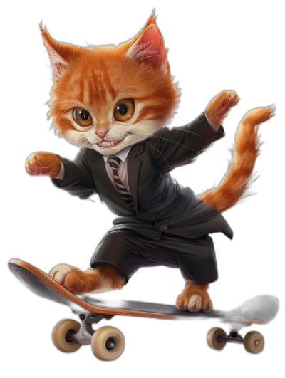 illustration of an orange cat in suit, riding on skateboard , black background, high resolution