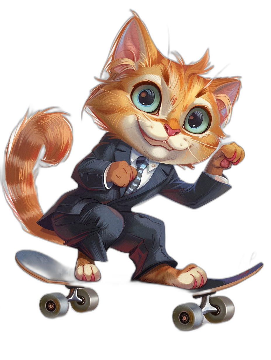 A cute smiling cat in a suit riding on a skateboard, in a cartoon style, on a black background, with a chibi character design, concept art in the style of [Artgerm](https://goo.gl/search?artist%20Artgerm) and [Atey Ghailan](https://goo.gl/search?artist%20Atey%20Ghailan), with vibrant colors, with sharp focus, as a digital illustration, as fantasy artwork, at a high resolution