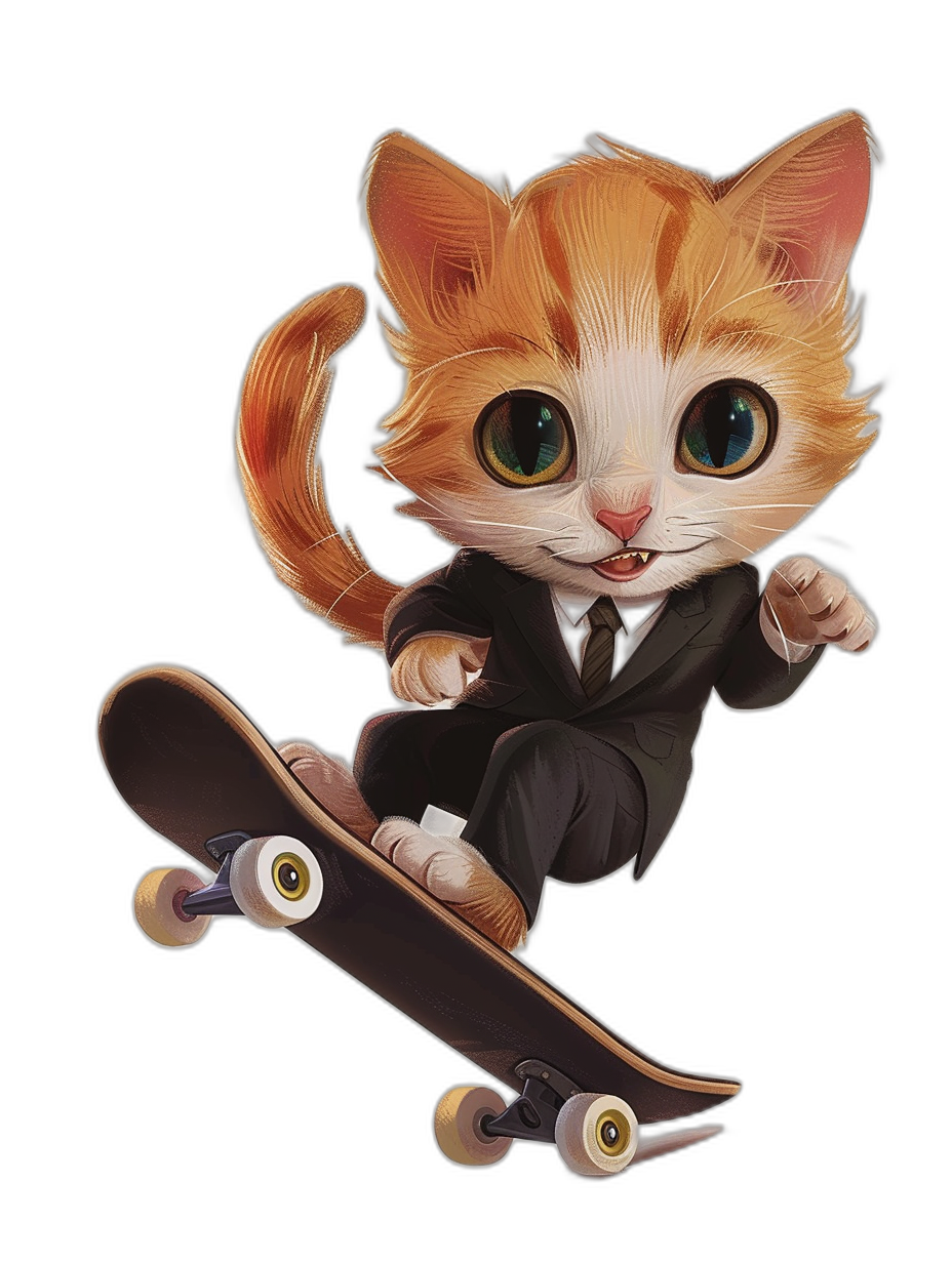 Cute cat in a suit skateboarding in the style of a cartoon on a black background at a high resolution