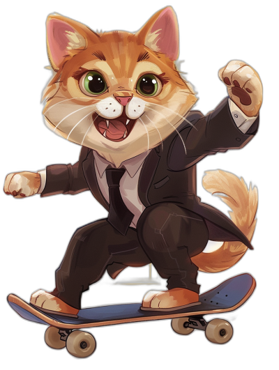 Cute cat in a suit riding on a skateboard, smiling with a happy expression, in the style of vector art, isolated against a black background, a cute cartoon design, high resolution, a professional illustration, a masterpiece, best quality, with detail.