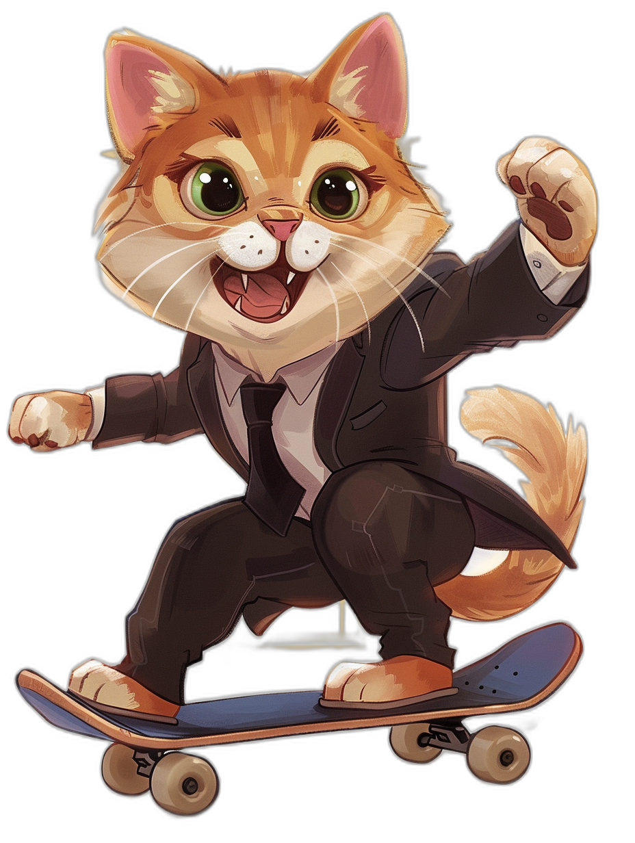 Cute cat in a suit riding on a skateboard, smiling with a happy expression, in the style of vector art, isolated against a black background, a cute cartoon design, high resolution, a professional illustration, a masterpiece, best quality, with detail.