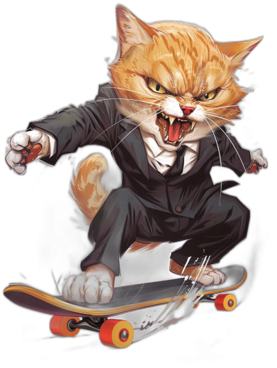 A cartoon illustration of an angry ginger cat in a business suit, riding on a skateboard with a black background, t-shirt design, high contrast, hyper realistic, extreme details, in the style of unreal engine.