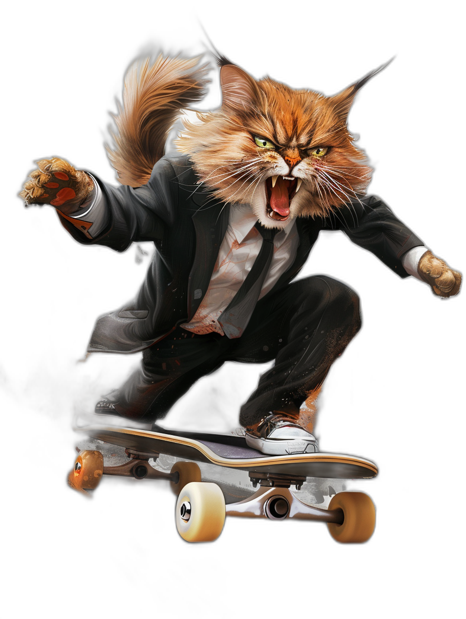 realistic digital illustration of an angry ginger cat in suit and white sneakers, riding on skateboard, black background, full body portrait view, wide angle, front perspective, dynamic pose, action scene, high contrast, vibrant colors, detailed fur texture, octane render