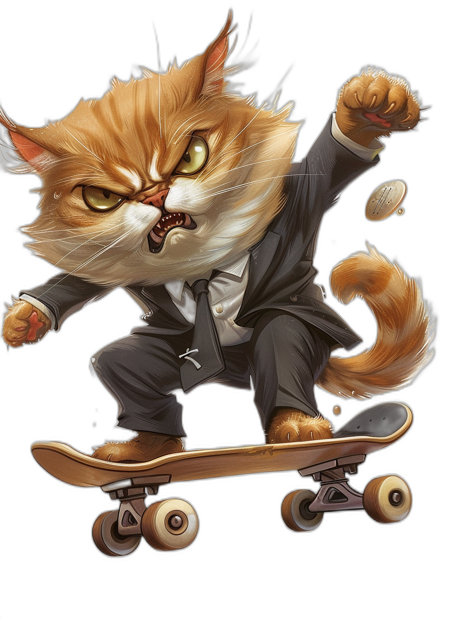 realistic digital illustration of an angry ginger cat in suit, riding on skateboard, black background, character design, cute, detailed fur and eyes, cartoon style, high contrast shading, dynamic pose, digital art by [WLOP](https://goo.gl/search?artist%20WLOP), chibi-style, by [Kawacy](https://goo.gl/search?artist%20Kawacy), by j.c leyendecker, close-up shot, wearing slippers, cartoon-style character design, concept sheet, full body shot, simple vector artwork, no outline