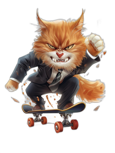 realistic digital illustration of an angry ginger cat in business suit, riding on skateboard, plain black background, full body portrait, front view, high details, sharp focus, studio photo