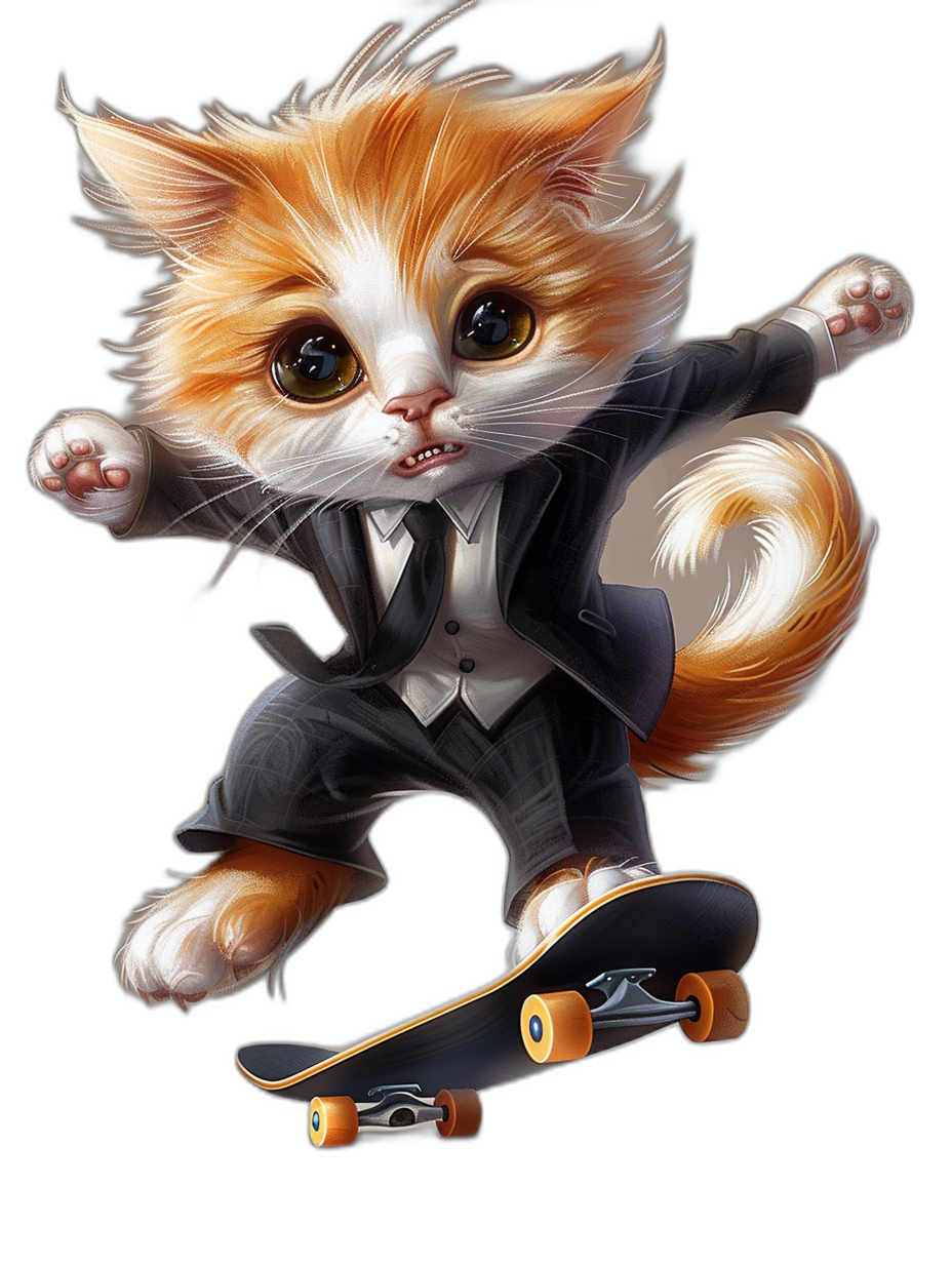 digital art of cute kitten , wear suit, riding on skateboard , black background, big eyes, lovely and beautiful expressions