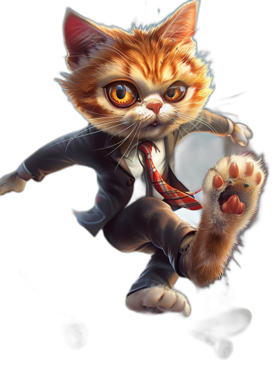 A cute orange cat in a suit and tie is flying through the air, in a cartoon style with a black background. He has big eyes and a long tail, with red hair around his head. There is some spotlight shining at him from behind, in the style of [Artgerm](https://goo.gl/search?artist%20Artgerm). He is wearing white shoes while skateboarding, with a full body shot and close up shot. The artwork is hyper realistic and hyper detailed.