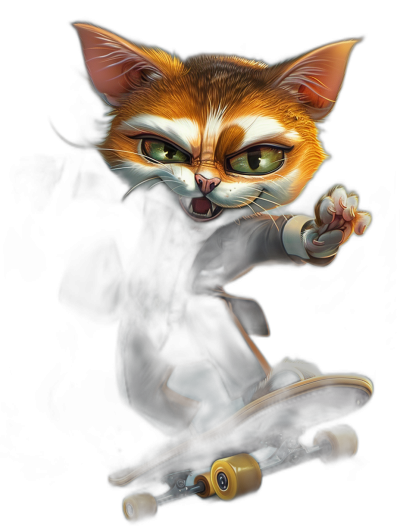 realistic cartoon illustration of an angry cat in dark , riding on the skateboard with yellow wheels and doing a kickflip , black background, full body portrait, disney style character design, green eyes, cat is orange white color,