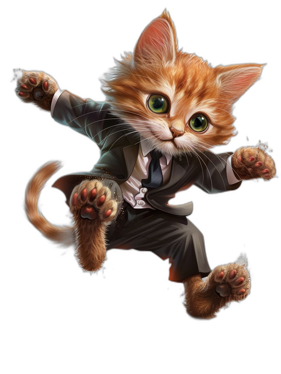 A cute ginger cat in a suit jumping with a black background, green eyes, full body, concept art in the style of rossdraws, detailed character design, cartoon realism, fantasy illustration style