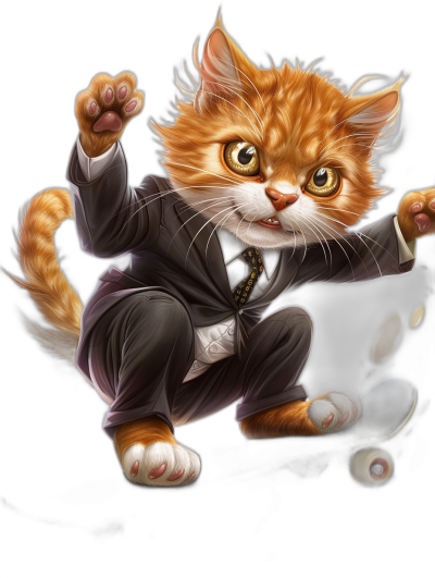 A ginger cat in a suit doing skateboard in the style of [Krenz Cushart](https://goo.gl/search?artist%20Krenz%20Cushart) and in the style of [Artgerm](https://goo.gl/search?artist%20Artgerm), adorable cute kitten character, digital painting, highly detailed, high resolution, high quality, sharp focus, intricate details, fantasy concept art, octane render.