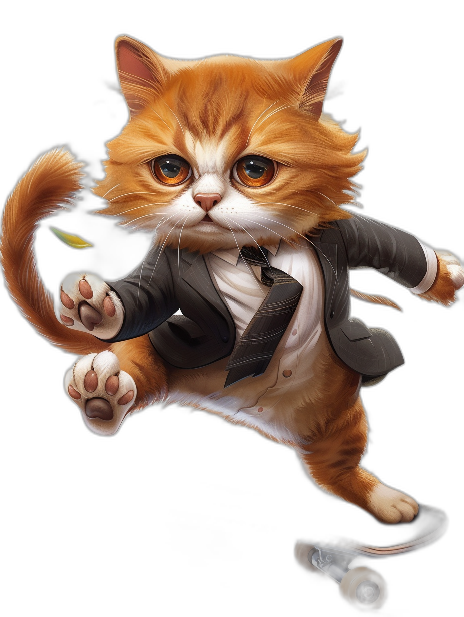 cute chibi orange cat wearing a business suit, doing a skateboarding move, on a black background, in the style of a hyper realistic oil painting