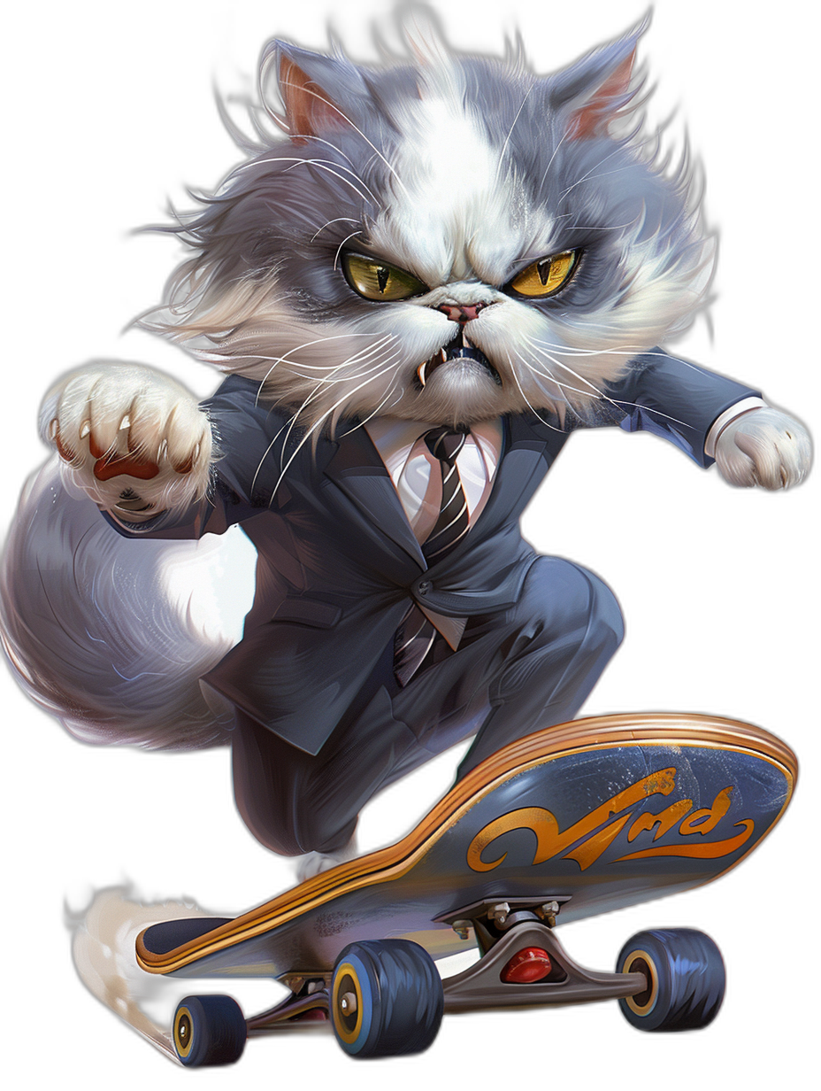 realistic digital illustration of an angry white cat in suit and tie, riding on skateboard with “Valloween” logo on the bottom deck, black background, full body view, wide shot, dynamic pose, detailed fur texture, digital art by [Artgerm](https://goo.gl/search?artist%20Artgerm), [Greg Rutkowski](https://goo.gl/search?artist%20Greg%20Rutkowski)