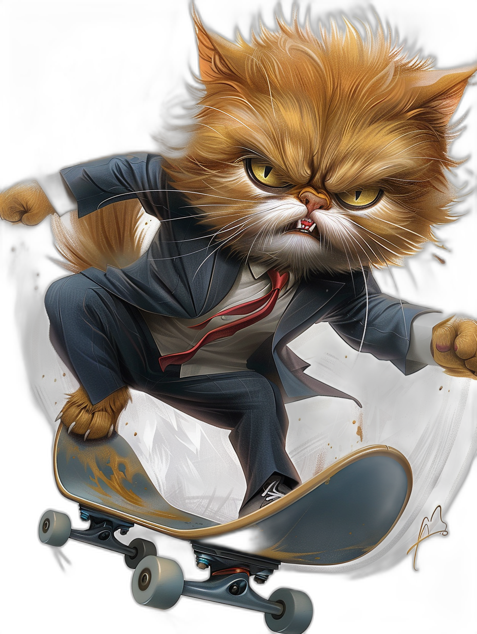 realistic digital illustration of an angry ginger cat in a business suit and red tie, riding on a skateboard, black background, in the style of [Loish](https://goo.gl/search?artist%20Loish), action pose, t-shirt design