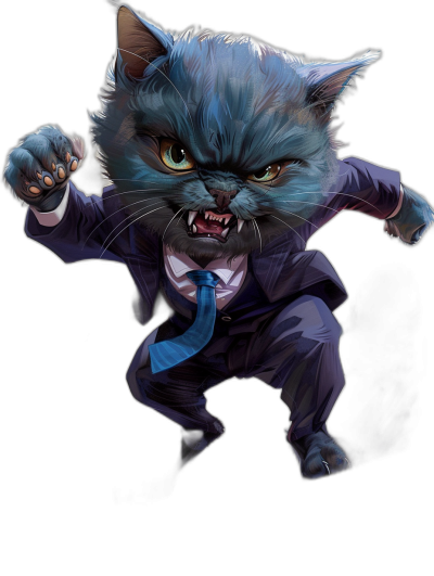 full body cartoon caricature of an angry blue cat in a suit, in a dramatic pose, against a black background, colorful and hyper detailed in the style of photo realism