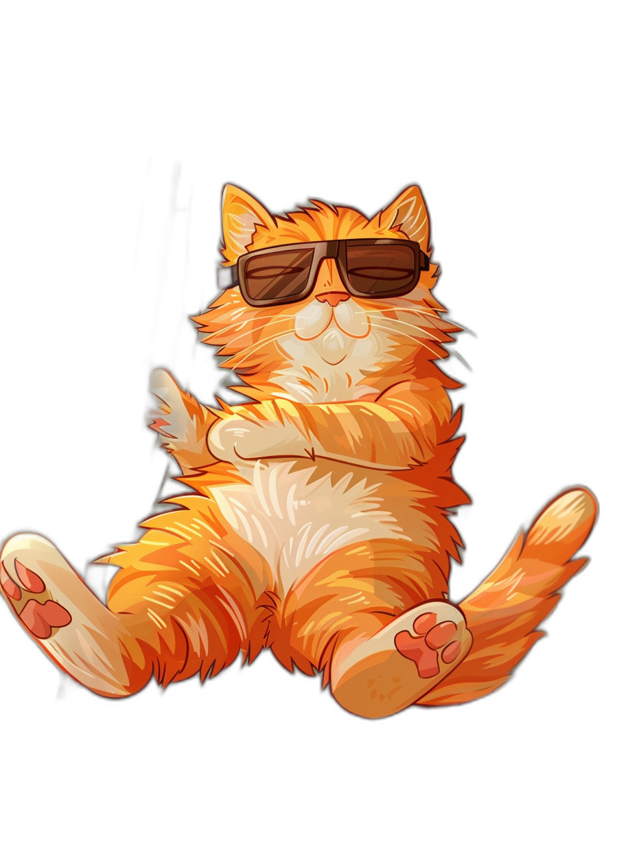 digital art of a cute and fat orange cat, wearing sunglasses, hand on its head, chill vibes, black background. The art is in the style of an orange cat with sunglasses and its hand on its head against a black background, giving off chill vibes.