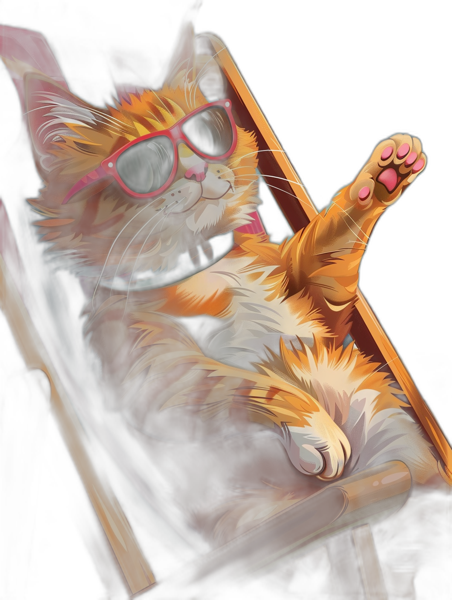 digital art of cute and fat orange cat wearing sunglasses , lying on the deck chair with black background, warm atmosphere , one paw up in air, smiling face, cartoon style, oil painting style