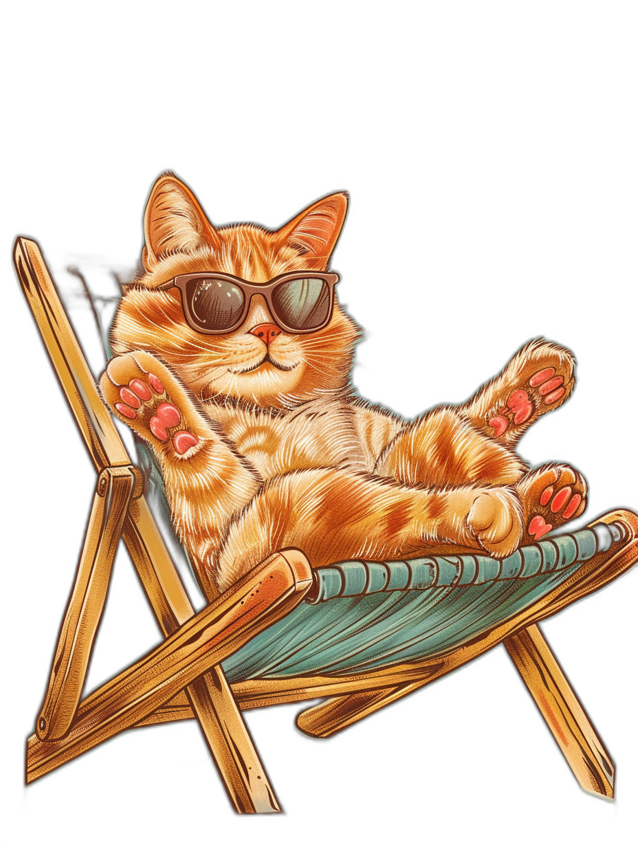 t-shirt design, Cool Orange Cat lying on an beach chair with sunglasses vector illustration isolated on black background , full body shot, ultra detailed, sharp focus, hyper realistic, intricate detail, vertical screen format, no mockup frame, tshirt design printing best quality, white and green colours only