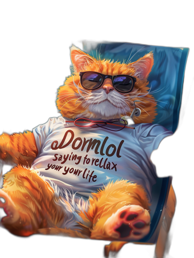 A realistic illustration of an orange cat wearing sunglasses and t-shirt with the text "Dormocal saying to relax your life", lying on top of his bed, holding pillow in hand, black background, bright colors, highly detailed, high resolution