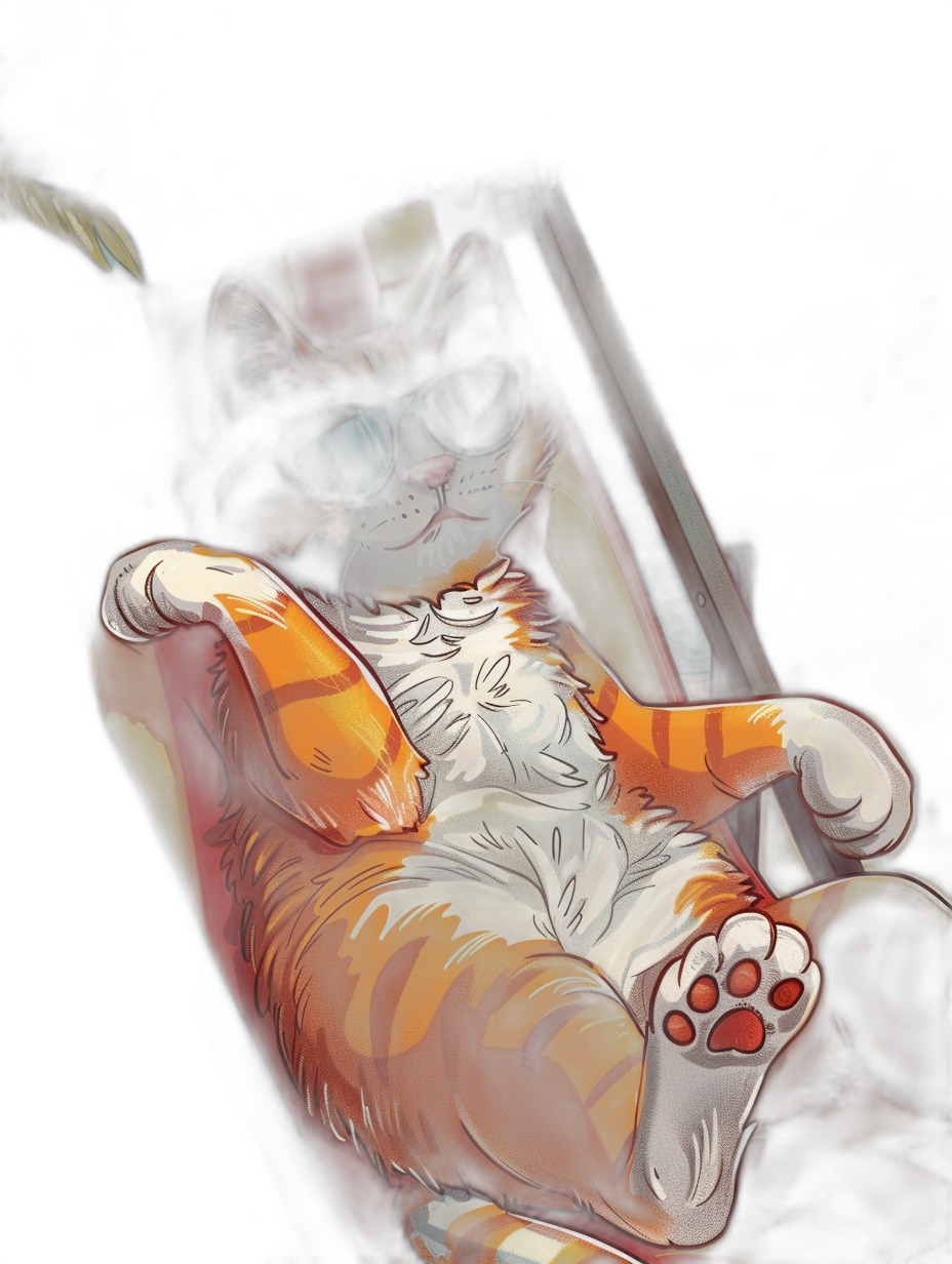 digital art of an orange and white cat wearing sunglasses lounging in the back seat of a car, with a black background, in the style of a cartoon, a digital painting, with natural lighting, a full body portrait, with high contrast, from a side view, with white fur on its paws, and red stripes down the middle of its coat