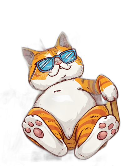 t-shirt design, full body shot of cute fat orange and white cat wearing blue sunglasses lounging in the dark with bright light on his face, black background, vector art style, high contrast colors, no shadows,