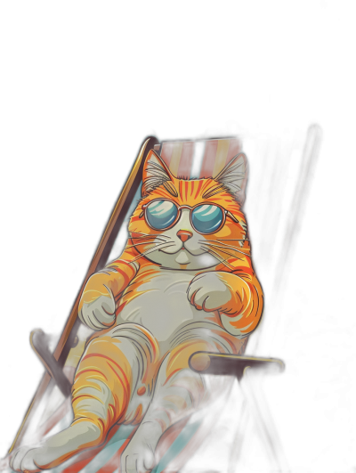 A hyper realistic full body shot of an orange cat wearing sunglasses lounging on a beach chair, vibrant colors, black background, 3D render, colorful stripes and shapes in the style of Scottie Young, hyper detailed portrait, pop art.