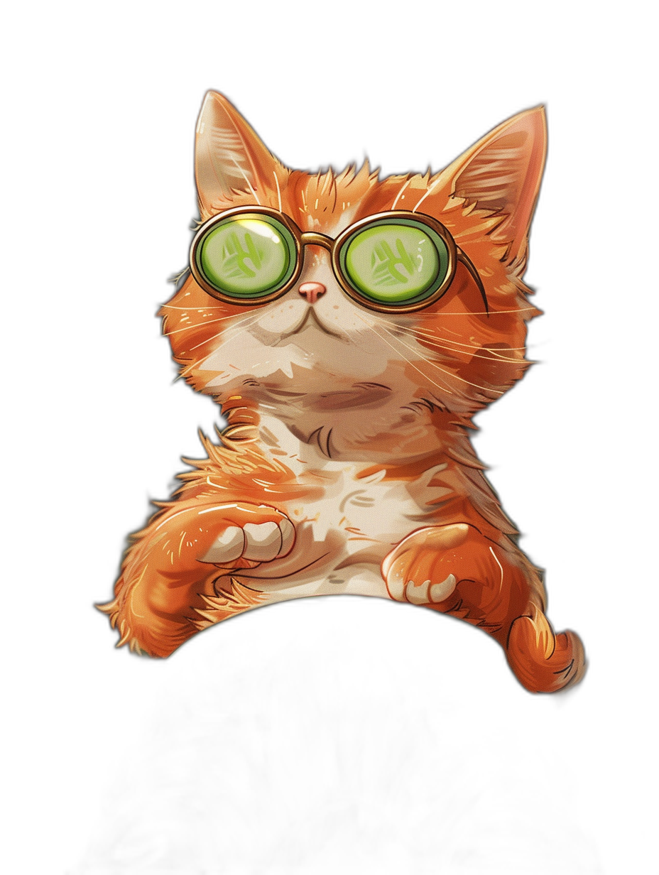 A cute orange cat, wearing green cucumber glasses and lying on its back with black background, is depicted in an illustration style of [Hayao Miyazaki](https://goo.gl/search?artist%20Hayao%20Miyazaki). It has four paws raised up to the sky, with high definition resolution. The cute kitten’s expression features bright eyes, with a pure white fur coat and a simple hand drawn pattern. Its tail curls around its body, adding charm to the overall design.