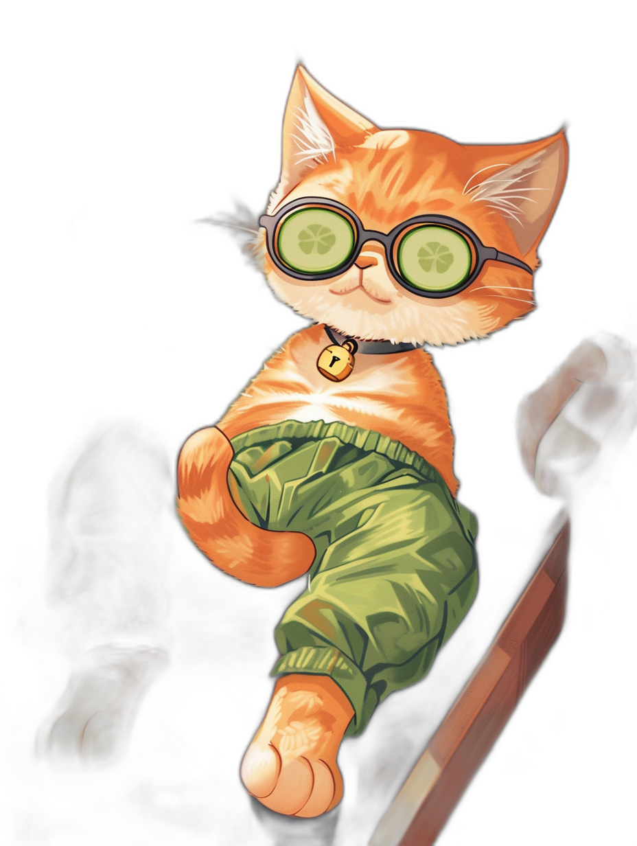 A cute little orange cat, wearing green pajama pants and black glasses with cucumbers on its eyes, sitting upright in the seat of an airplane against a dark background, in a full body portrait, in the style of a cartoon, in high definition.