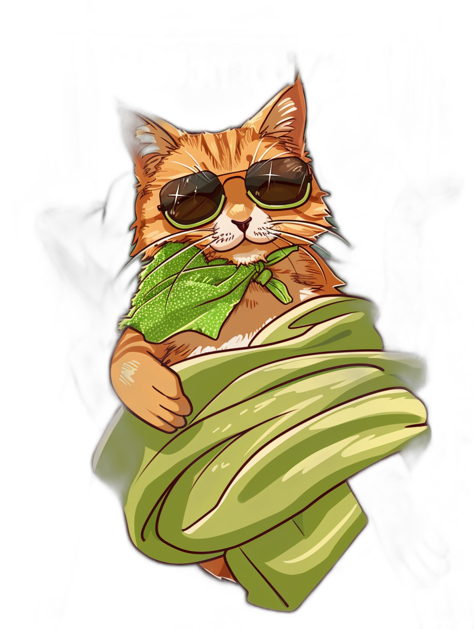 t-shirt design, Cool Orange Cat with sunglasses holding a green plant leaf in his hands and wrapped around him is a long soft blanket, simple vector style, isolated on a black background.