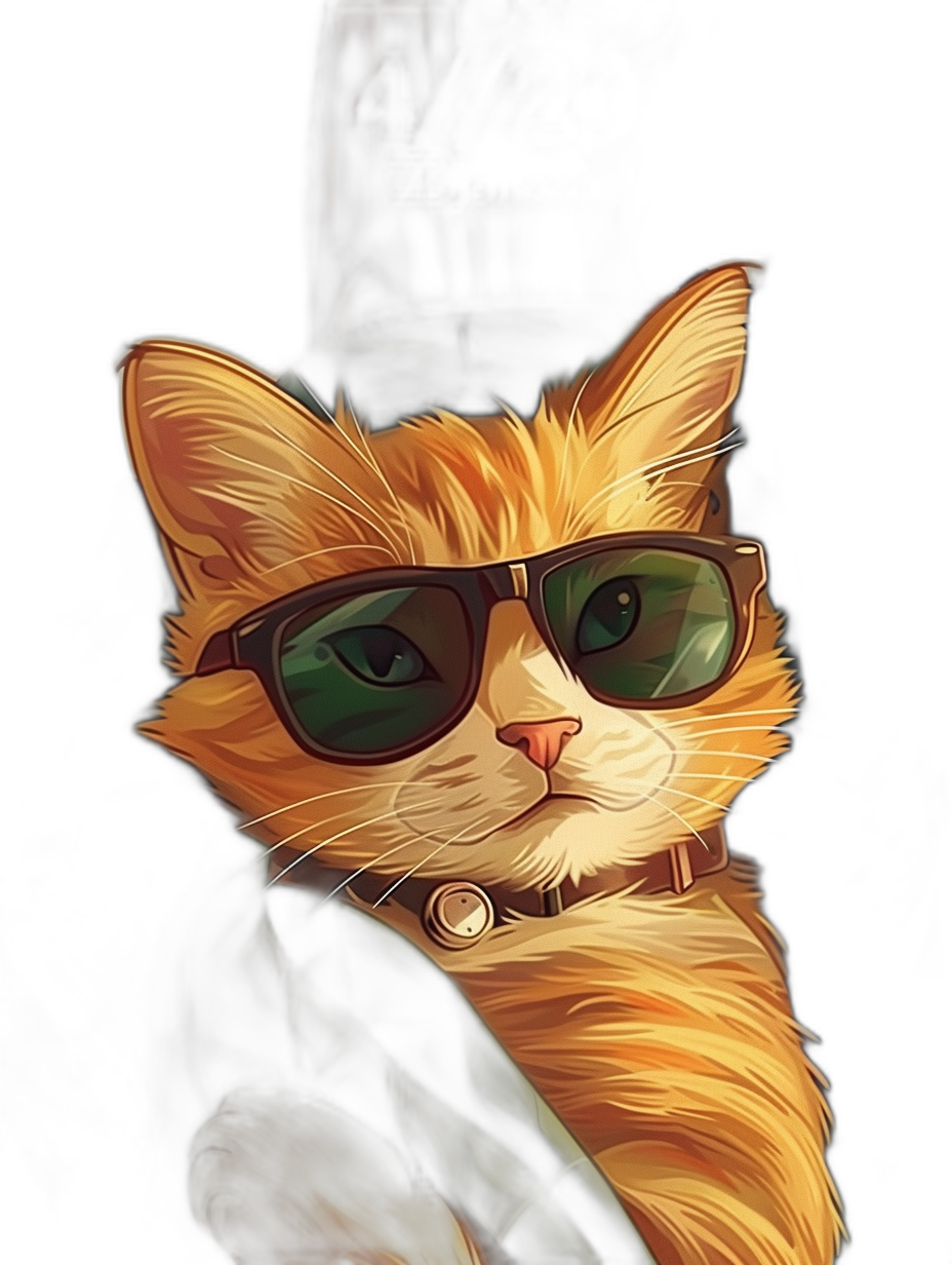 digital art of a cool and fat orange cat, wearing sunglasses, black background, chill expression, green eyes, wearing a dark jacket with a collar, happy face, cute head pose, simple design, in the style of a digital painting.