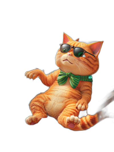 An cartoon orange cat, wearing sunglasses and a green bow tie on its chest, sits in the air with one leg raised to show its feet. It has a black background and is rendered in the style of Disney. The image of an animal character from behind should have clear details and be in a full body view.