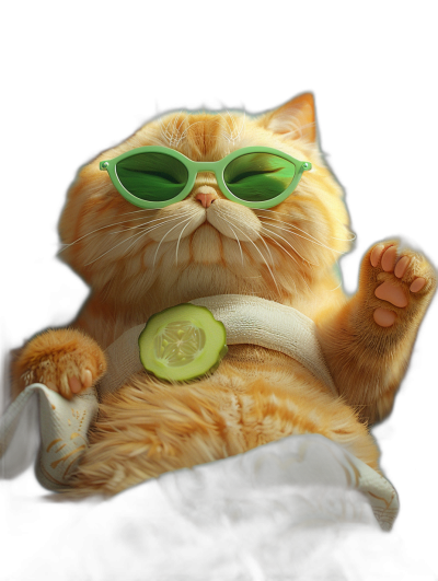 digital art of cute fat orange cat , wearing green sunglasses and white towel around neck, with cucumber on belly , black background , chill expression , sitting pose