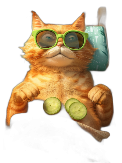 digital art of cute and fat orange cat wearing green sunglasses, sitting on the spa chair with two cucumber slices in its mouth , black background, full body portrait, pixar style