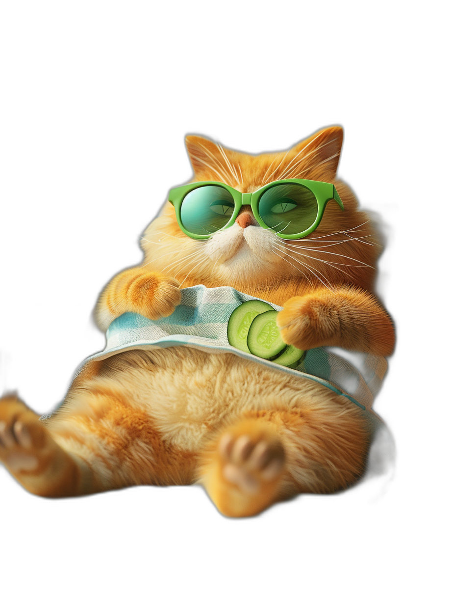 A fat orange cat lying on its back, wearing green sunglasses and an ice-cream vest with cucumber slices in the mouth, black background, cartoon style, cute, warm colors, high definition photography, bright light