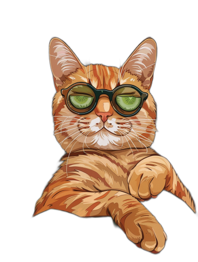 t-shirt design graphic thin one line drawing of a realistic orange cat face with sunglasses, the eyes have to be green and very detailed in the style of art deco, full body on side isolated on a black background, epic scene