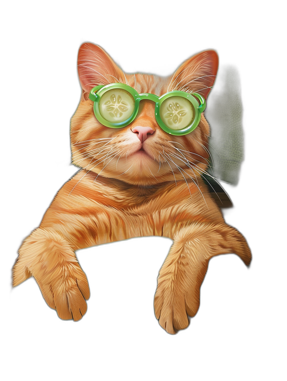 Illustration of an orange cat with green glasses and cucumbers over its eyes lying in a chair against an isolated black background, in the style of ultra realistic photography.