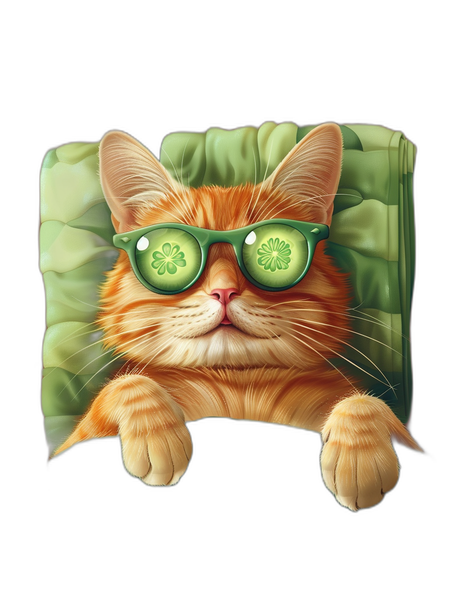 t-shirt design, Cool Orange Cat with cucumber glasses lying on the green pillow, black background, no mockup s and white border, detailed, full body shot