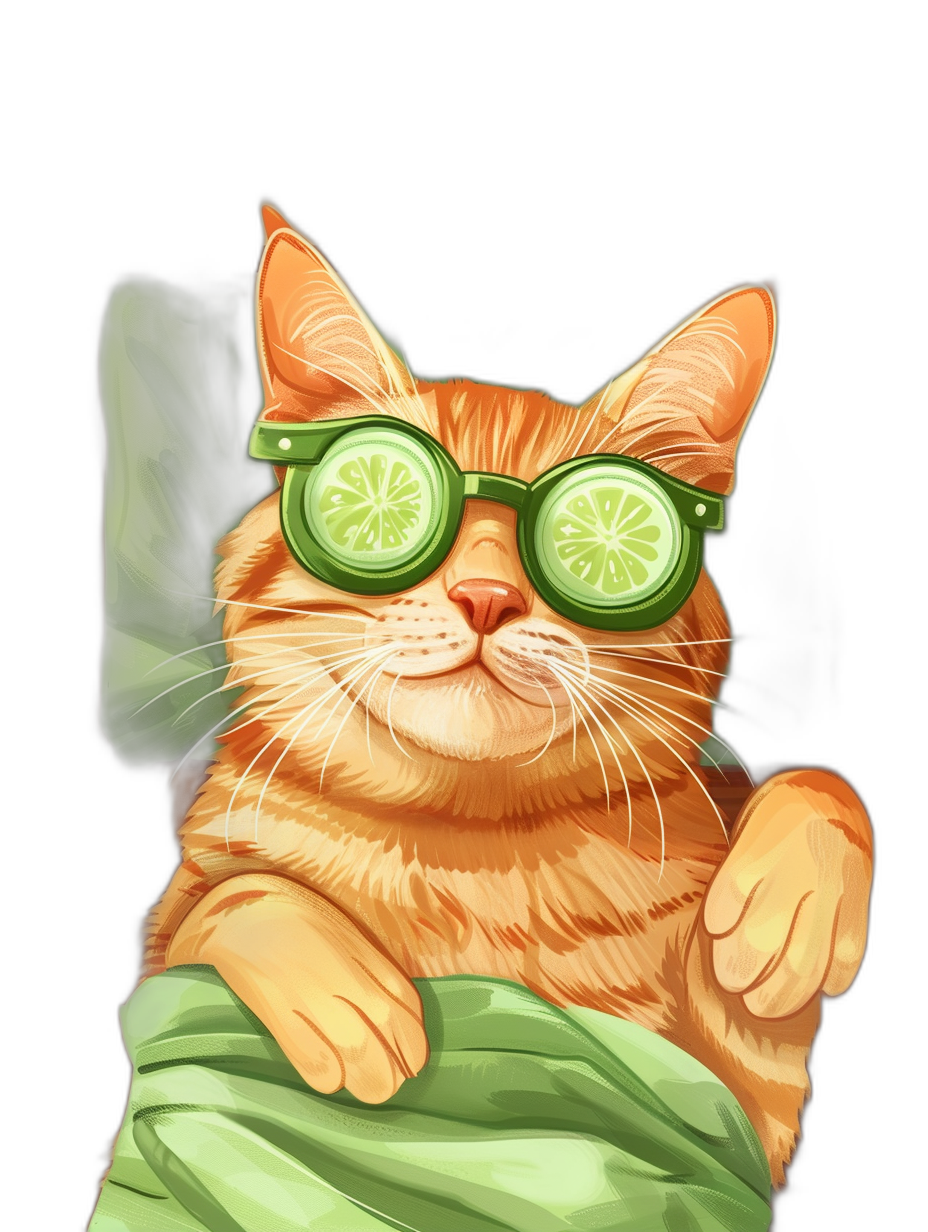 digital art of cute and fat orange cat wearing green sunglasses with cucumber on its eyes, chill expression , black background, in the cozy bed