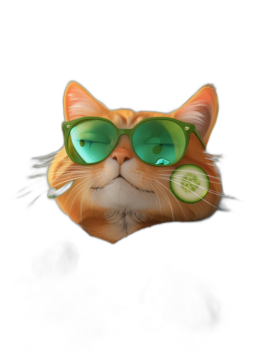 A cute orange cat with green sunglasses holding a cucumber in its mouth, against a black background, rendered in the style of 3D art, as a digital portrait.