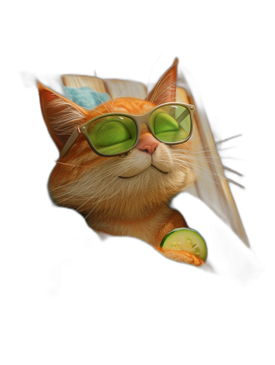 digital art of cute and happy orange cat wearing sunglasses, lying on the back with an open book, one cucumber in its mouth , black background, pastel color scheme, chill atmosphere, front view angle, high quality, high details