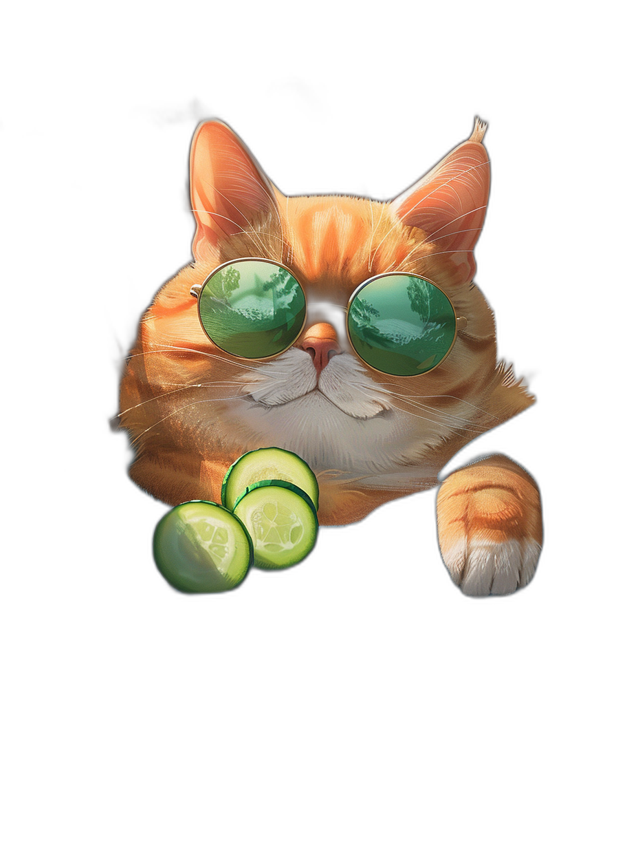 t-shirt design, Cool Orange Cat with Cucumbers, wearing sunglasses, black background, no mockup effect