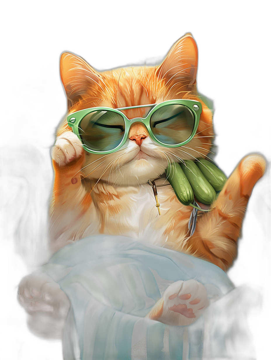 digital art of cute and fat orange cat , wearing green sunglasses, holding tamarind in hand with black background , chill expression, sitting on blanket at the beach