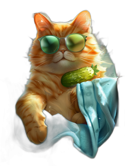 digital art of cool fat orange cat ,wearing sunglasses, holding cucumber in hand and sitting on top of blue towel with black background, chill expression, full body portrait view
