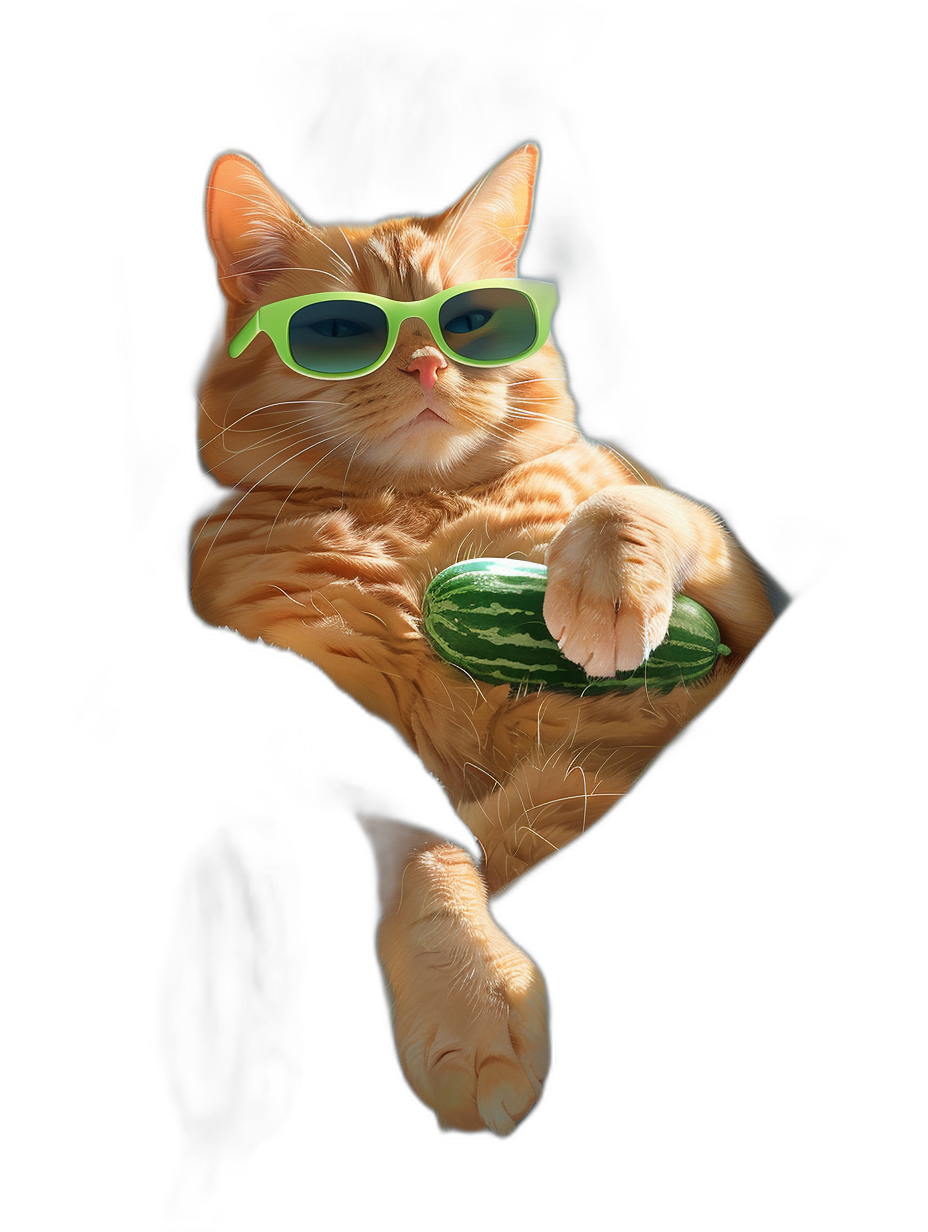 a photo of an orange cat wearing green sunglasses lounging on the back of a z打破 cucumber, isolated black background, hyper realistic, hyper detailed