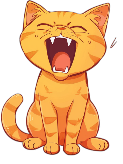 A cartoon cat with its mouth open and laughing, cute, vector art, sticker design, simple lines, flat colors, black background, simple shapes, low detail shading, simple character designs, simple lineart, simple coloring book style, flat illustration style, cute orange tabby cat smiling in the style of a simple illustration.